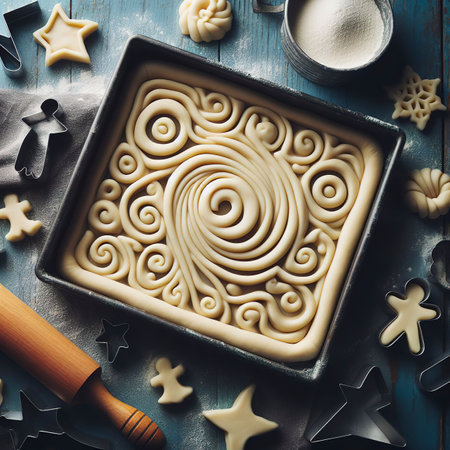 Raw puff pastry dough lies on a blue wooden tableの素材