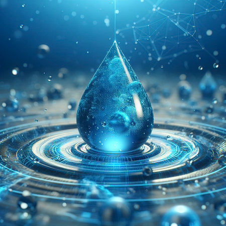 A drop of blue water on the surface of the water 3d illustrationの素材