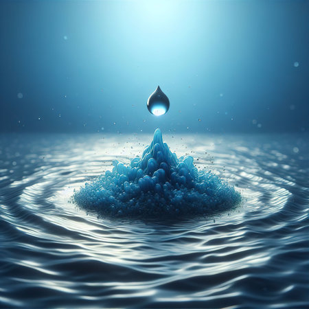 A drop of blue water on the surface of the water 3d illustrationの素材