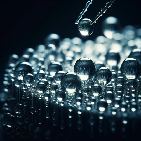 Close up water drops on dark background, Water drop in macro photographyの素材