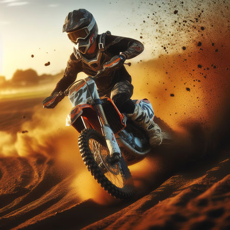 Motocross mounted motorcyclist doing a race on a dirt trackの素材