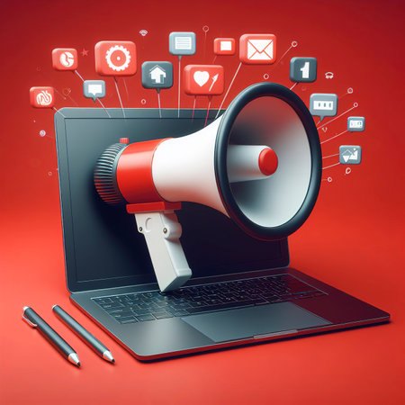Megaphone on laptop screen, red backgroundの素材