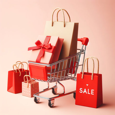 mini red shop cart trolley full of paper bag gift isolated on pale pink backgroundの素材