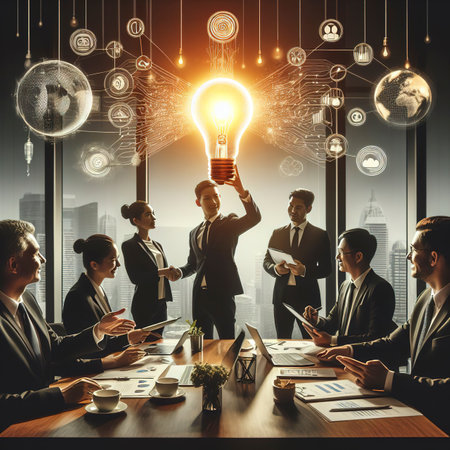 Innovation and idea of professional leader holding lighting bulb, business people making handshake after successful workingの素材