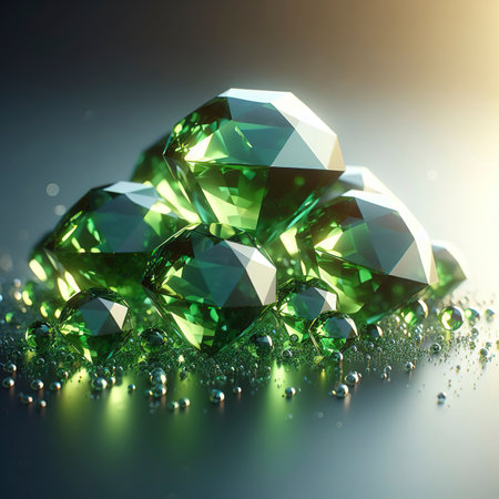 Green Diamond Group on Glossy Background Soft Focus 3d illustrationの素材