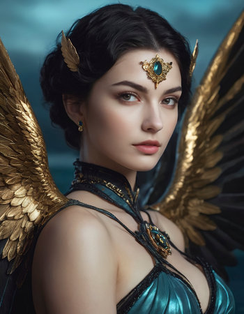 A beautiful, perfect face, perfect eyes, cinematic female flying archangel queenの素材