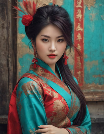 A painting of an Asian woman, in the style of precisionist artの素材