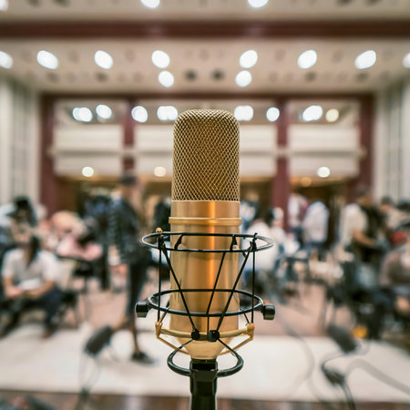 Close up of old vintage style podcast microphone in convention hall and blurry people backgroundの素材