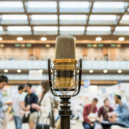 Close up of old vintage style podcast microphone in convention hall and blurry people backgroundの素材