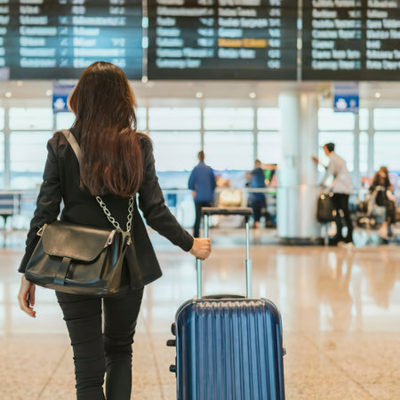 Close up woman and suitcase trolley luggage in airport. People and lifestyles conceptの素材