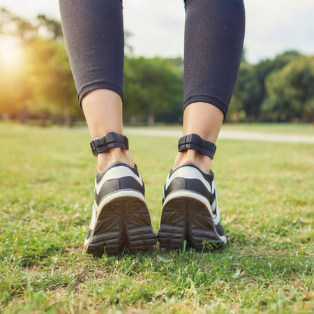 Close up of woman strecthing feet with shoe with nature backgroundの素材