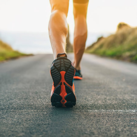 close-up sport shoes of a runner on road for fitness healthy lifestyleの素材