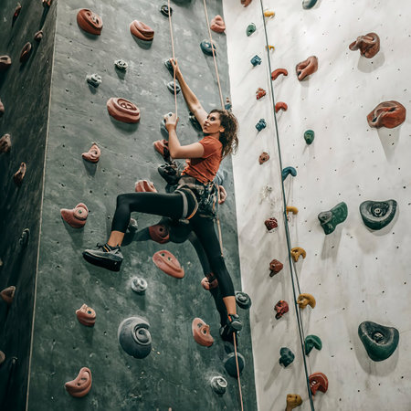 Beautiful young woman starts to climbing big artificial wallの素材