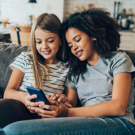 Girls cuddling on the couch playing on a mobile deviceの素材