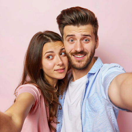 Portrait of lovely young couple, woman kissing happy and smiling manの素材