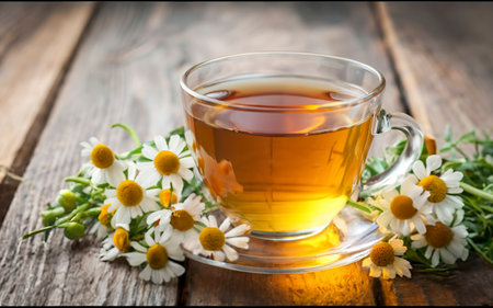 Chamomile tea and a bouquet of chamomiles. Cup with tea on a wooden background.の素材