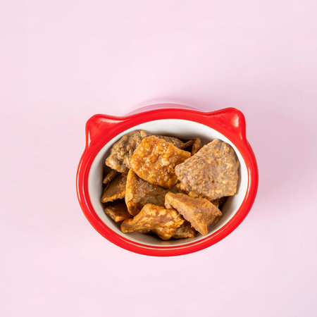 Detailed view of cat food in a bowl isolated on a white backgroundの素材