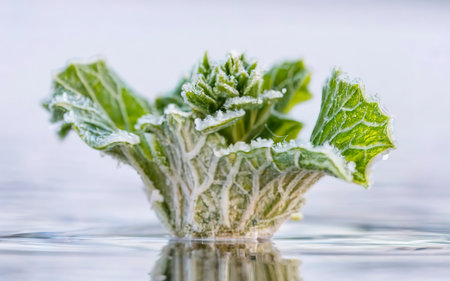 Frozen elegance An icecovered plant leaf glistens with the magic of frosty morningsの素材