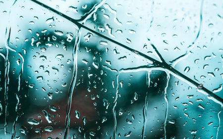 Heavy rain background, Raindrops on window glass outdoorsの素材