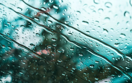 Heavy rain background, Raindrops on window glass outdoorsの素材