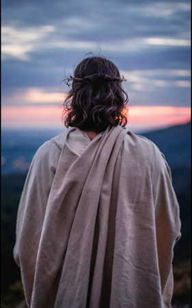 Back view of Jesus looking at the skyの素材