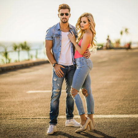 Portrait of beautiful couple. sexy stylish blond young woman model with bright makeupの素材