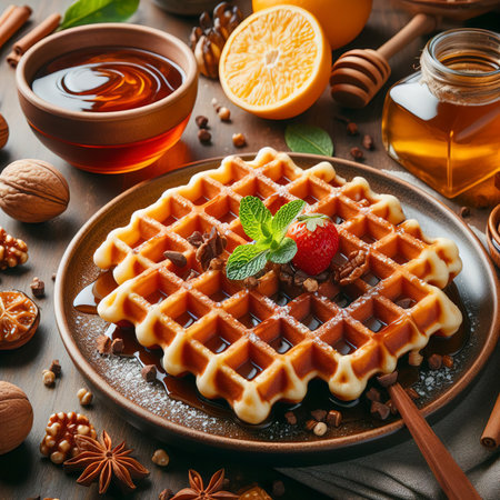 sweet cooked aromatic Belgian waffles in a plate on a wooden tableの素材