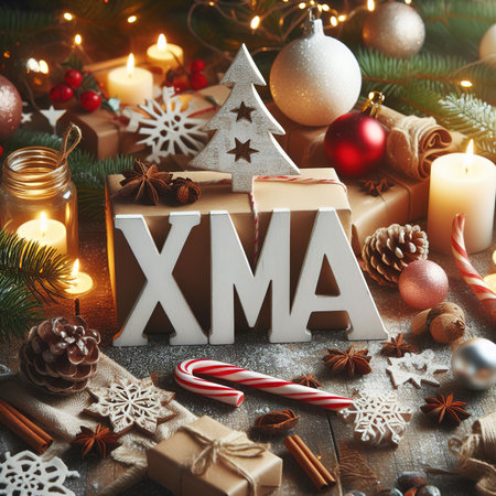 Wooden white letter XMAS, Christmas festive cardの素材