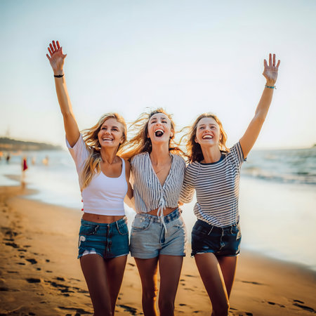 Young women having fun at the beachの素材