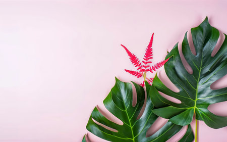 Creative layout made of tropical leaves on pastel pink and blue backgroundの素材