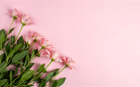 Pink flowers on a pink background with copy space. Flat layの素材