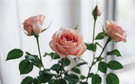Rose plants meadow spring time, summer season flower in room, roses beautiful weather inside interior roomの素材