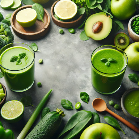 Green fruits and leafy vegetables smoothies in two glasses, green vitamin drink for detox and getting skinny dietの素材