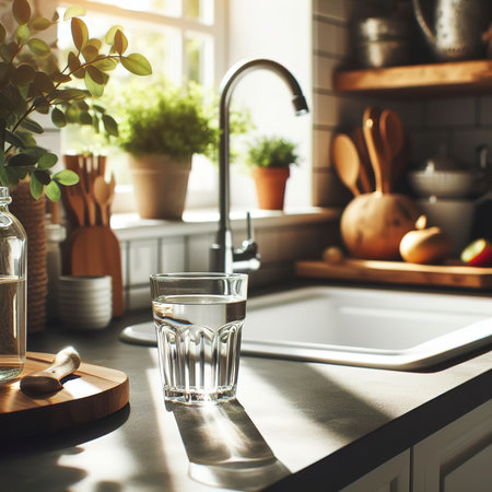 Glass of water stands on the countertop near the sink in the kitchenの素材