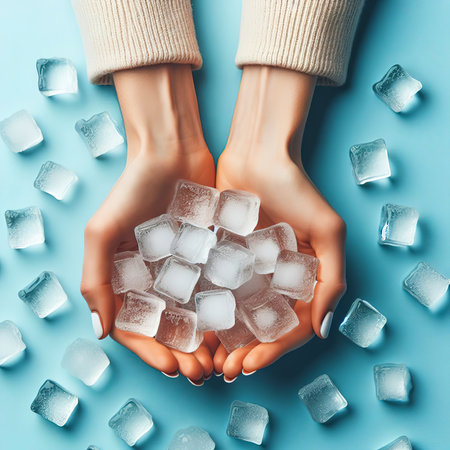 Ice cubes in female palms on a blue background. Top view, flat layの素材