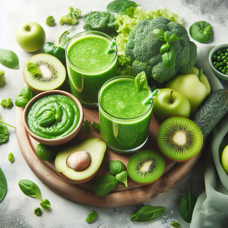 Green fruits and leafy vegetables smoothies in two glasses, green vitamin drink for detox and getting skinny dietの素材