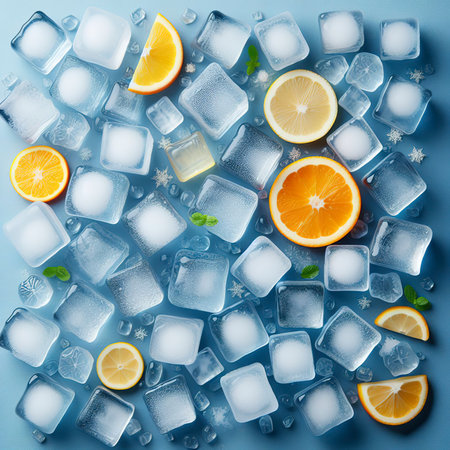 Many large ice cubes on a blue background. Top view, flat layの素材