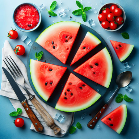 Slices of juicy red watermelon on blue. Top view, flat layの素材