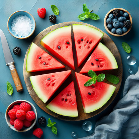 Slices of juicy red watermelon on blue. Top view, flat layの素材