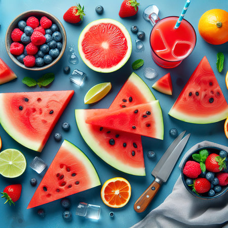 Slices of juicy red watermelon on blue. Top view, flat layの素材