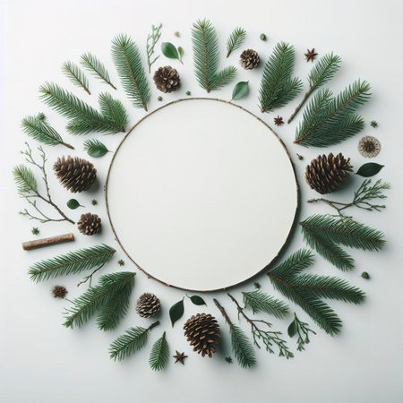 Spruce twigs, empty space for text on a white background. Top view, flat layの素材