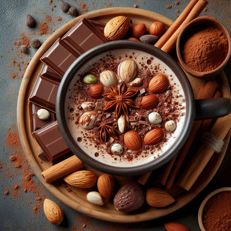 top view hot chocolate with nuts cocoa powderの素材