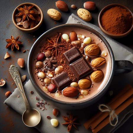 top view hot chocolate with nuts cocoa powderの素材