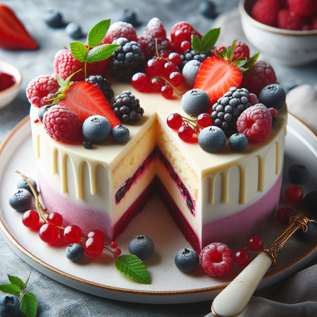 A beautifully cut piece of white chocolate cake adorned with fresh berries a sumptuous dessertの素材