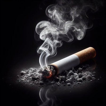 A burning cigarette and white smoke rising isolate on black backgroundの素材