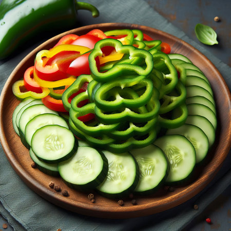 A plate of thin sliced cucumbers and green bell peppersの素材