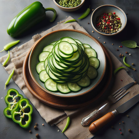 A plate of thin sliced cucumbers and green bell peppersの素材