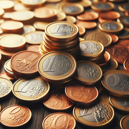 A pile of euro coins freely lying on the tableの素材