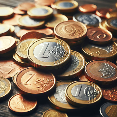 A pile of euro coins freely lying on the tableの素材