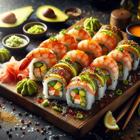 Appetizing California sushi rolls with rice, shrimps and avocadoの素材